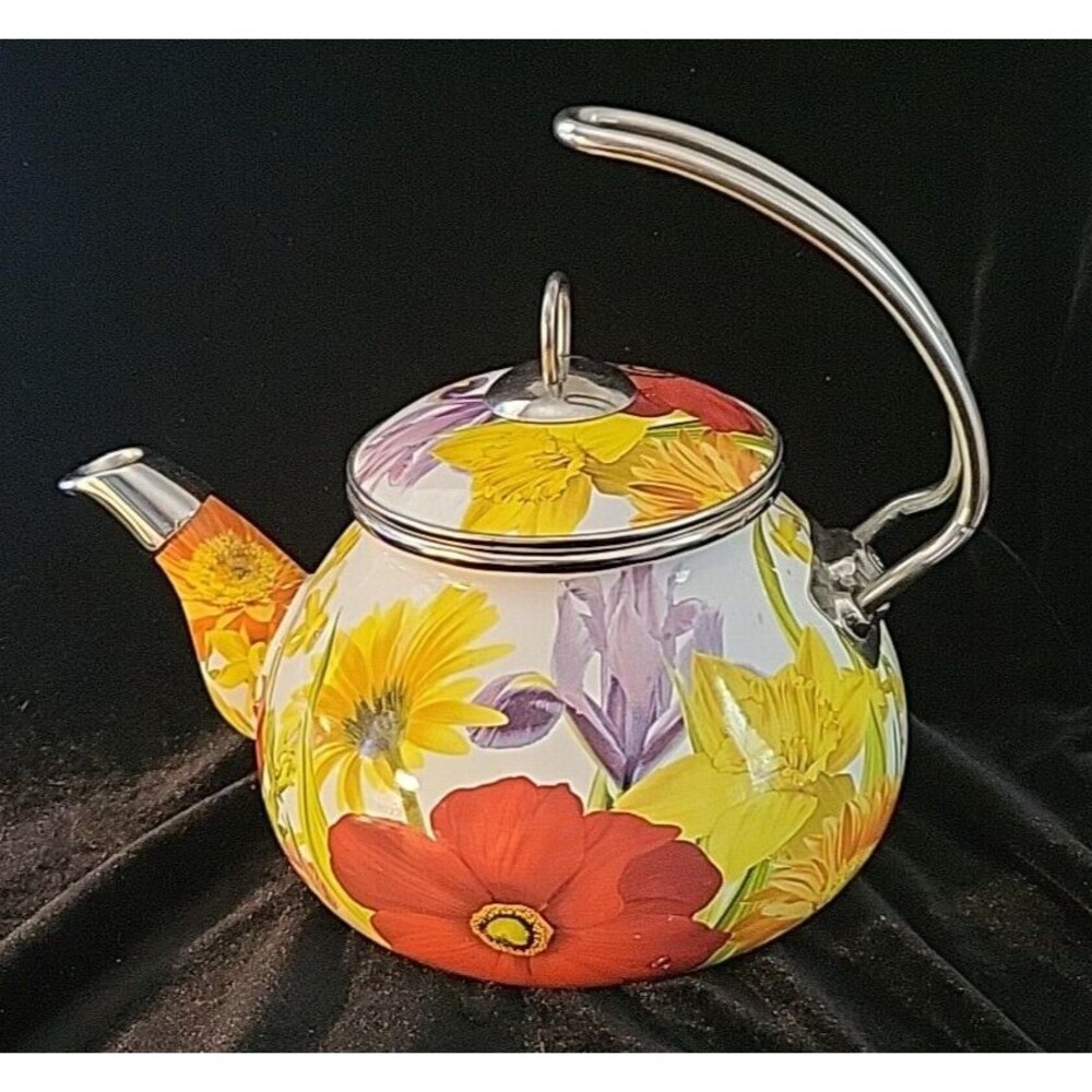 Pioneer Woman 2.3 Qt Enameled Steel Flower Garden Tea Pot Kettle Floral